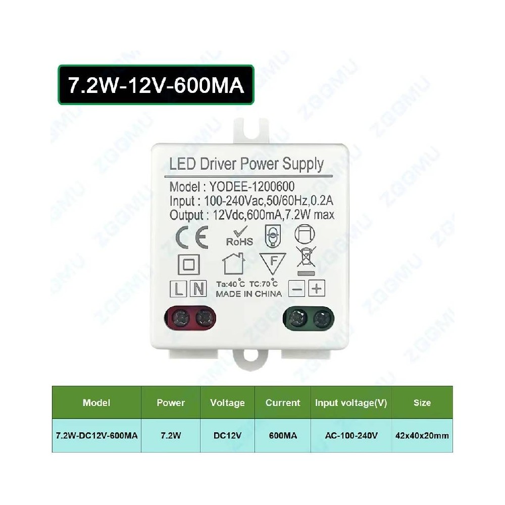 Fonte de alimentação LED 7,2W 12VDC 600mA