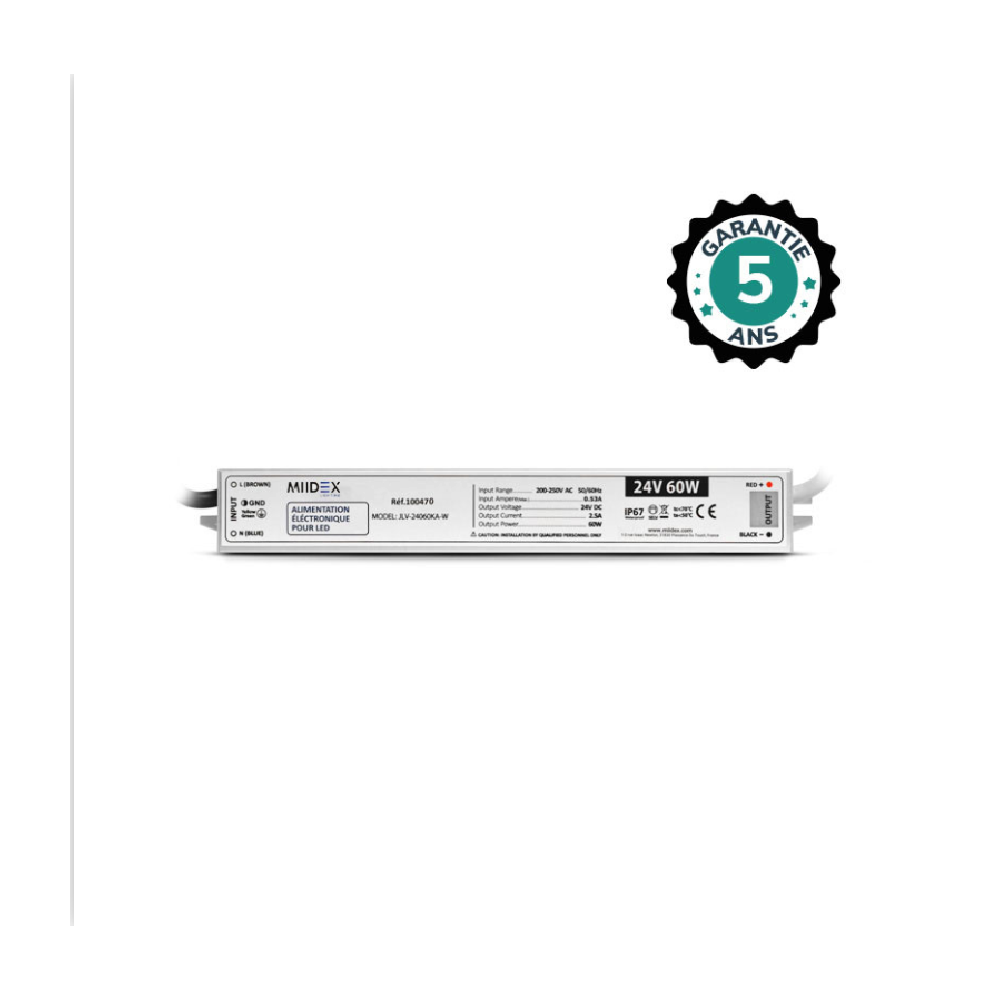 Miidex - 60W LED power supply - 24V DC - IP67 - 5-YEAR WARRANTY - Ref: 100470