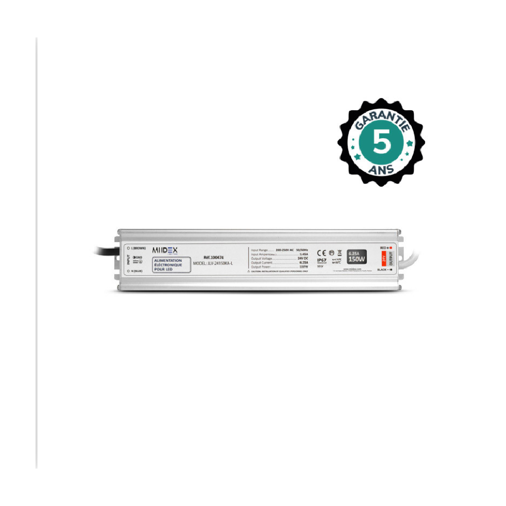 Miidex - Alimentation LED 150W - 24V DC - 6.25A IP67 - GARANTIE 5 ANS - Réf : 100474