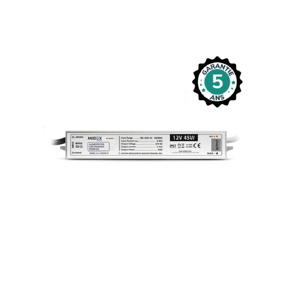 Miidex - 45W LED power supply - 12V DC - IP67 - 5-YEAR WARRANTY - Ref: 100467