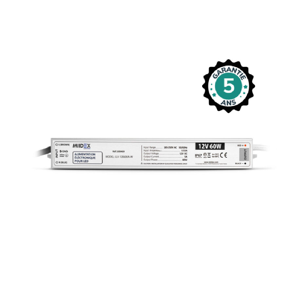 Miidex - Alimentation pour LED 60W - 12V DC - IP67 - Garantie 5 ans - Réf : 100469