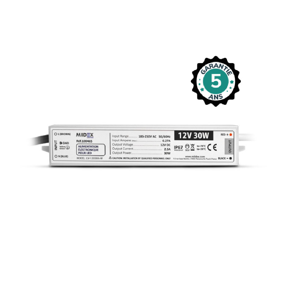 Miidex - Alimentation pour LED 30W - 12V DC - IP67 - Garantie 5 ANS - Réf : 100465