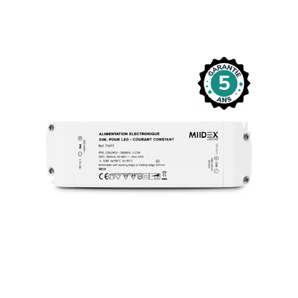 Miidex - Driver LED 40-80 V CC / 500 mA 40 W dimmerabile con interruzione di fase - Cod. art.: 75475