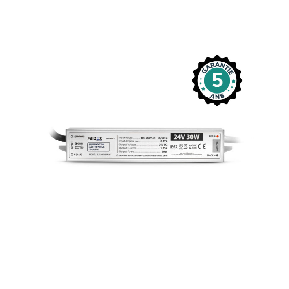 Miidex - Alimentatore per LED da 30 W - 24 V CC - IP67 - GARANZIA 5 ANNI - Cod. art.: 100466