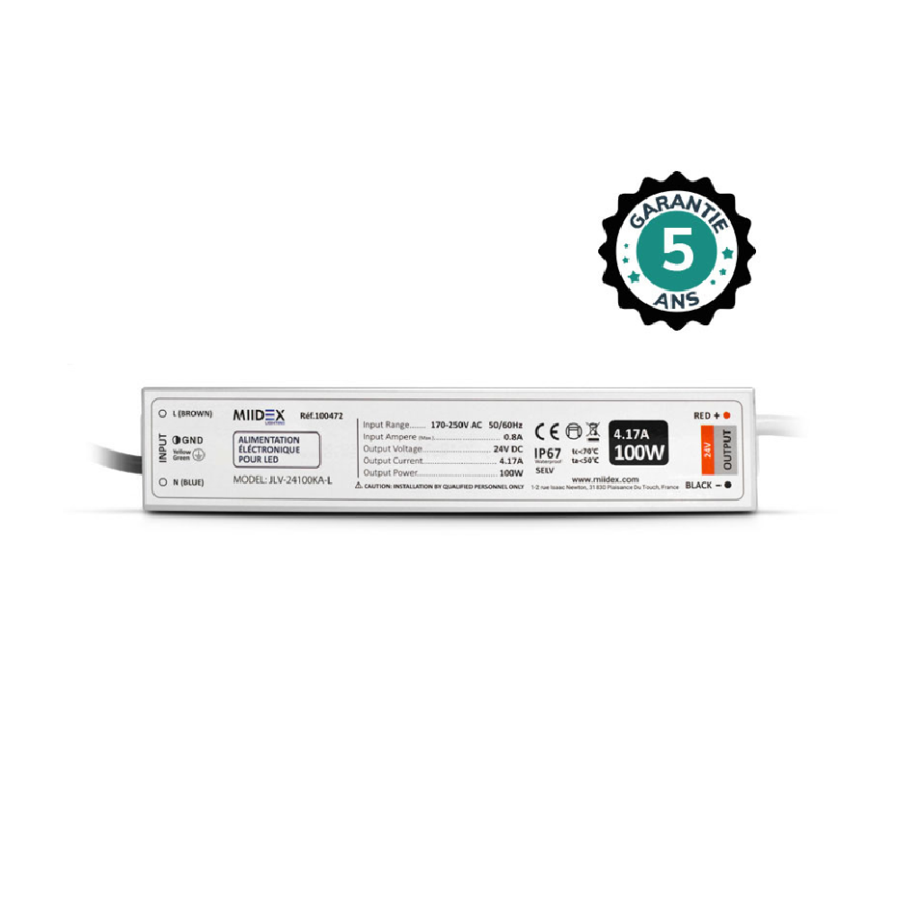 Miidex - 100W LED power supply - 24V DC - IP67 - 5-YEAR WARRANTY - Ref: 100472