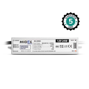 Miidex - Alimentation pour LED 24W - 12V DC - 2A - IP67 - GARANTIE 5 ANS - Réf : 100464