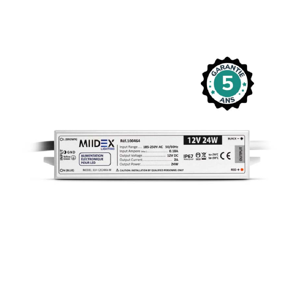Miidex - Alimentation pour LED 24W - 12V DC - IP67 - GARANTIE 5 ANS - Réf : 100464