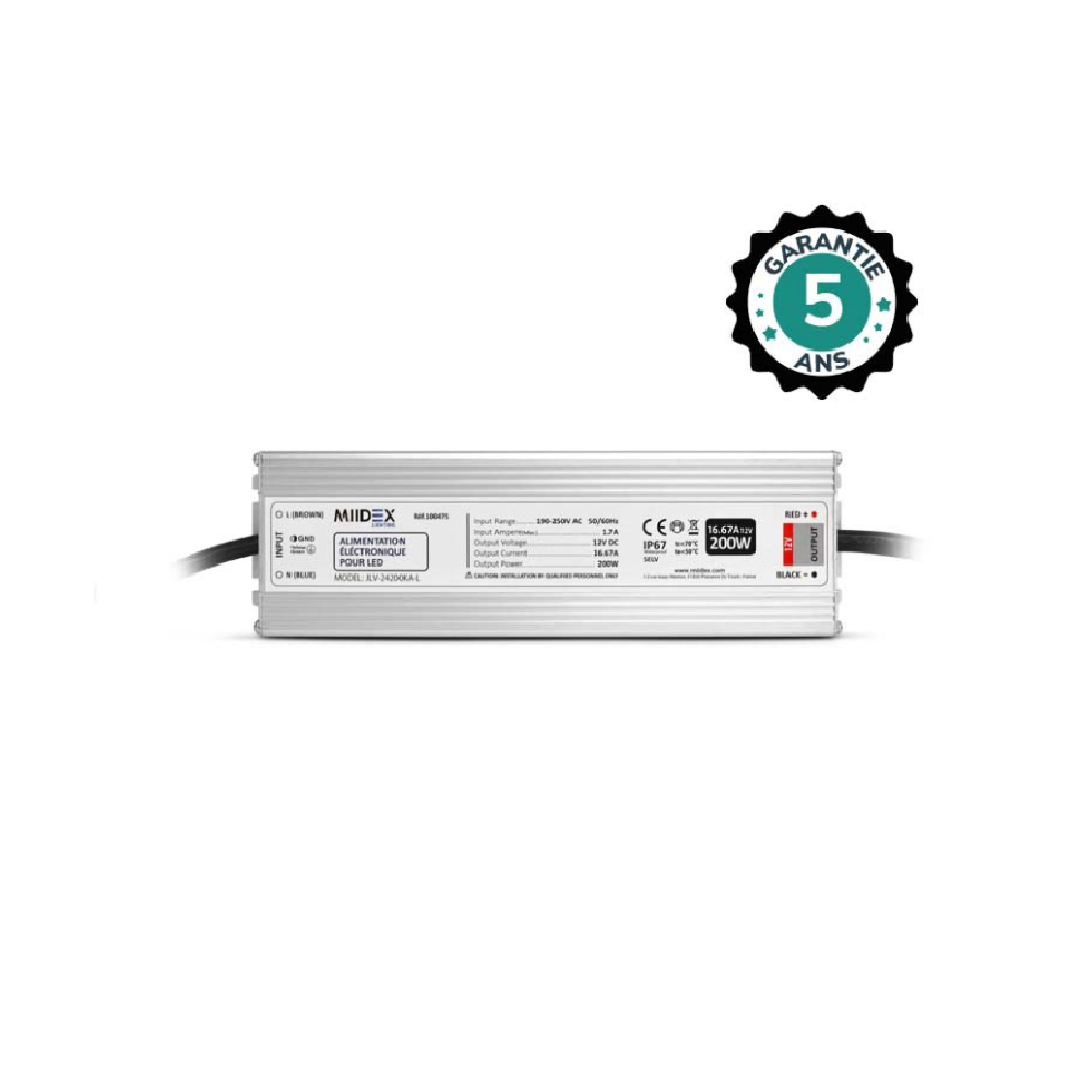Miidex - Alimentatore per LED da 200 W - 12 V CC - IP67 - GARANZIA 5 ANNI - Cod. art.: 100475