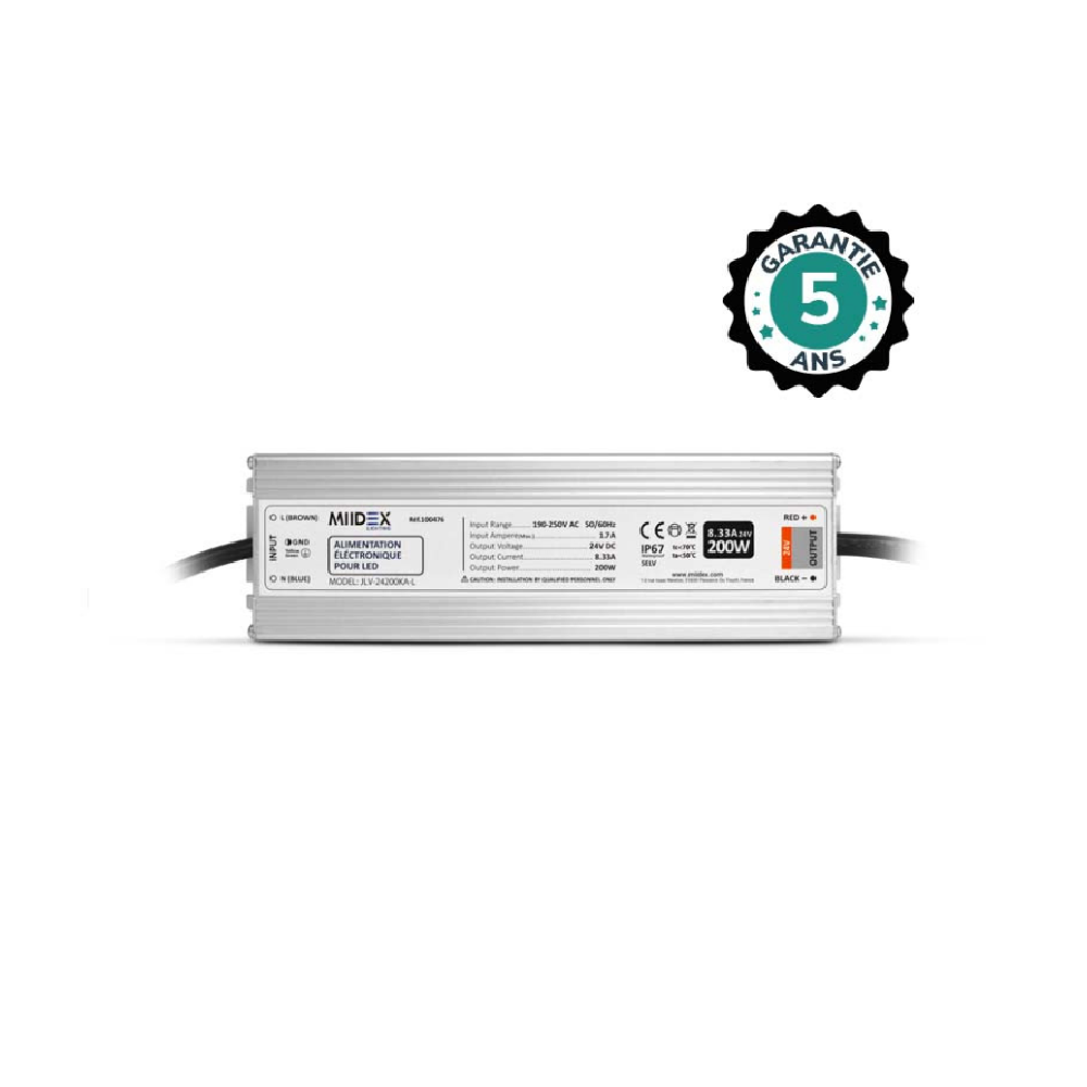 Miidex - Alimentation pour LED 200W - 24V DC - IP67 - GARANTIE 5 ANS - Réf : 100476