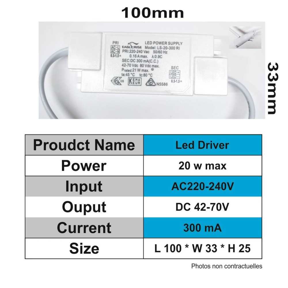 https://discount-led.fr/fr/ Driver LED 220-240V Sortie 42-70V DC 300mA 20W  15,60 €  12,48 €    P1587